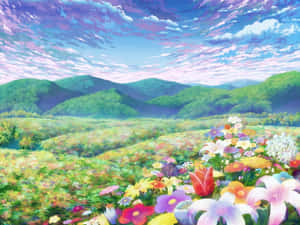 在山谷中盛開的野花，有綠色山丘和色彩繽紛的天空。 — 花朵 壁紙