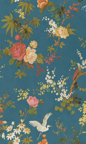 復古壁紙，有鳥類和花朵，藍綠色背景 — Galaxy Tab A11 壁紙