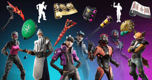 Fortnite角色和武器漂浮在色彩繽紛的漸層背景中。 — 要塞英雄 iPad 壁紙