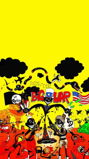 卡通士兵手持槍支和旗幟，在黃色背景的混亂戰爭場景中。 — Lil Darkie 壁紙