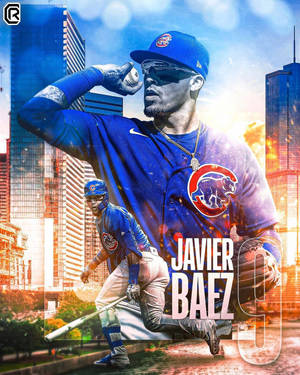 Javier Baez 身穿小熊隊制服，在日落時分以棒球向城市天際線敬禮。 — Bratz 美學 GIF 壁紙