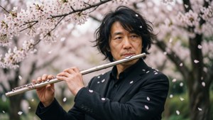 男子在飄落的櫻花下吹奏長笛 — 對馬戰鬼 壁紙