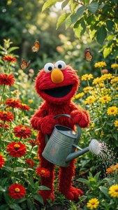 Elmo 正在澆灌紅色和黃色的花朵，蝴蝶在附近飛舞。