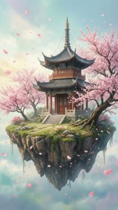 夢幻天空中的浮島，上有寶塔和櫻花樹。 — iPhone 5 壁紙