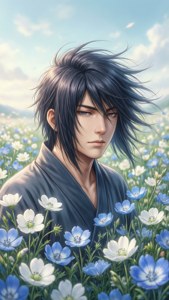 寧次被花朵環繞，置身於柔和夢幻的場景中。 — 寧次 壁紙