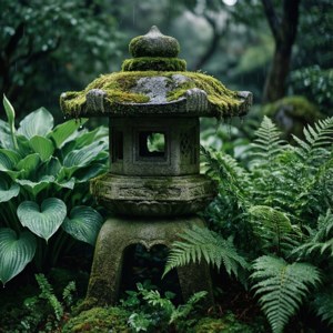 在雨林花園中，佈滿青苔的風化石燈籠。 — 日式自然壁紙