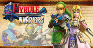 身穿盔甲的電玩角色林克和薩爾達手持劍與盾，並帶有《Hyrule Warriors》標誌。 — 薩爾達傳說 � Breath of the Wild 壁紙
