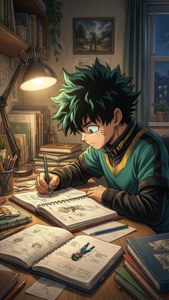 動漫男孩有綠色頭髮在夜晚在檯燈下學習。 — 綠谷出久 壁紙