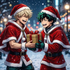 兩個穿著聖誕老人西裝的動漫男子在雪夜城市中笑著交換包裝好的禮物。 — 動漫聖誕 壁紙