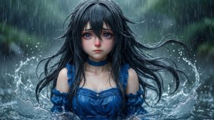 動漫女孩穿著藍色連衣裙站在雨中，頭髮濕透，表情嚴肅。 — 妖精的尾巴 壁紙