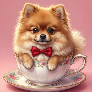 花卉茶杯中的毛茸茸幼犬，戴著紅色蝴蝶結 — 動漫狗 壁紙