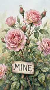一幅水彩風格玫瑰桌布，帶有佔有意味的「MINE」標牌。 — 離開我的手機 壁紙