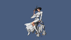 莉亞公主身穿白色長袍坐在R2-D2上，手持爆能槍，背景為藍色。 — 芭比美人魚 壁紙