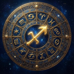華麗的黃道輪盤，在深藍底色上以金色凸顯人馬座。