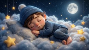 一個孩子在月光下的天空中，伴隨著發光的星星，在雲朵上平靜地睡著。 — Kakao Friends 壁紙