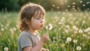 小孩在黃金時段的草地上吹蒲公英種子。 — 人物 壁紙