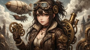 蒸氣龐克女性在機械城市中手持齒輪，背景有飛行的飛船。 — 動漫女孩 壁紙