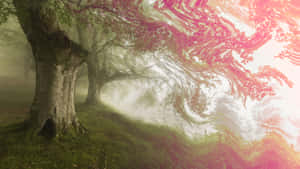 霧中古樹，黎明時分閃爍粉紅光芒的樹枝。 — 黎明 壁紙