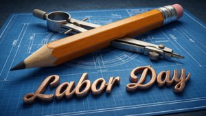 藍圖上銅色字母的Labor Day文字，附有鉛筆和圓規。 — 勞動節 壁紙