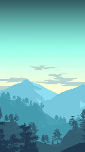 藍白相間的山水景觀，點綴著樹木與山巒 — 極簡 iPhone 壁紙