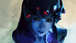 藍皮膚動漫女性，未來風格頭盔，眼睛發出紅光。 — 電玩遊戲 GIF 壁紙