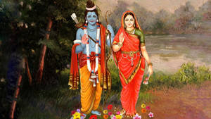 印度教神祇濕婆與帕爾瓦蒂在河邊與花朵一起散步 — Maa Durga 壁紙