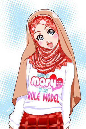 戴紅色圖案頭巾、身穿印有「Mary is my role model」T恤的動漫女孩，站在藍色半色調背景前。 — 動漫風格 壁紙