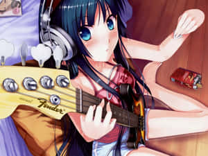 動漫女孩戴耳機在木地板上彈奏Fender低音吉他。 — 美學音樂 壁紙