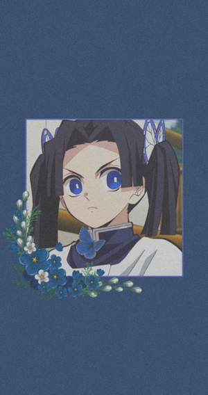 藍眼睛、深色雙馬尾的動漫女孩被藍色花朵包圍。 — 美麗的動畫 壁紙