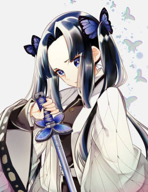 戴蝴蝶髮夾的動漫女孩拿著蝴蝶主題的劍。 — 動漫惡魔 壁紙