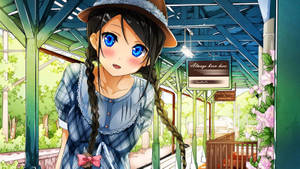 藍眼睛辮子動漫女孩在花開的車站。 — 可愛動漫女孩 壁紙
