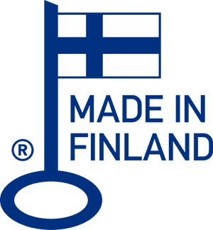 藍色「Made in Finland」標誌，採用鑰匙形狀和國旗設計。