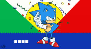 藍色刺蝟 Sonic the Hedgehog 在彩色幾何背景前比出和平手勢。 — 音速小子 壁紙