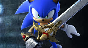 穿著盔甲的 Sonic the Hedgehog 在黑暗圖案背景中持劍。 — 音速小子 壁紙