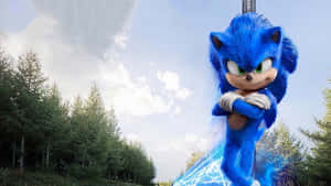 藍色刺蝟Sonic the Hedgehog站在森林中，帶有發光的能量軌跡。 — 音速小子 壁紙