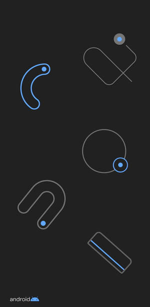 深色背景上漂浮的藍色和灰色幾何形狀，帶有Android標誌。 — Pixel 4 壁紙
