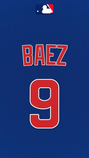 藍色棒球衫，帶有紅色 BAEZ 9 名字及 MLB 標誌。 — 哈維爾·巴耶茲 壁紙