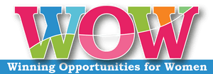 大膽彩色設計的WOW標誌，標語為Winning Opportunities for Women。