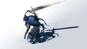 藍色盔甲戰士以動態動作姿勢揮舞發光劍。 — 傳說對決 魔法黎明 壁紙
