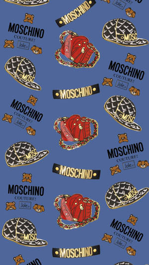 帶有重複 Moschino 時尚單品和泰迪熊的藍色桌布。 — 美學圖案動畫 壁紙