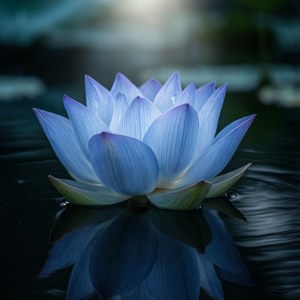 一朵藍色蓮花漂浮在暗水上，帶有清晰倒影。 — 藍色 壁紙