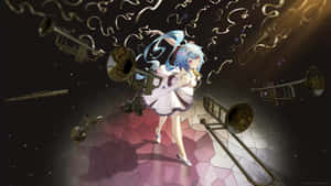 動漫女孩在星空宇宙場景中與漂浮的樂器跳舞。 — 原神 壁紙