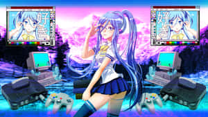 藍髮動漫女孩站在發光的數位景觀中，身旁是復古遊戲機。 — 動漫 壁紙