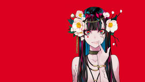 藍髮動漫女孩與櫻花在紅色背景上微笑。 — 可愛動漫女孩 壁紙