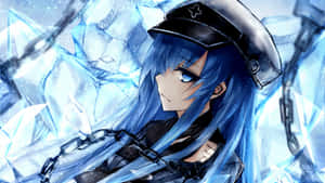 藍髮動漫女孩戴著軍帽，被破碎的冰塊和鎖鏈包圍。 — 斬！赤紅之瞳 壁紙