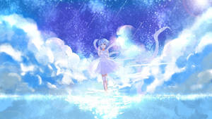 藍髮動漫女孩穿著白色連衣裙，站在發光的雲層中，星空下。 — 美麗的動畫 壁紙
