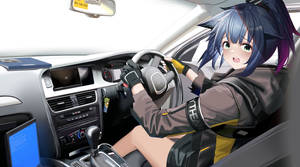 藍髮動漫女孩駕駛現代汽車，表情驚訝。 — 動漫汽車 壁紙