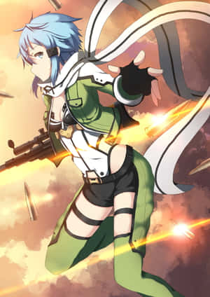 藍髮動漫少女在火紅夕陽背景下開槍射擊。 — IQOO Pad 壁紙