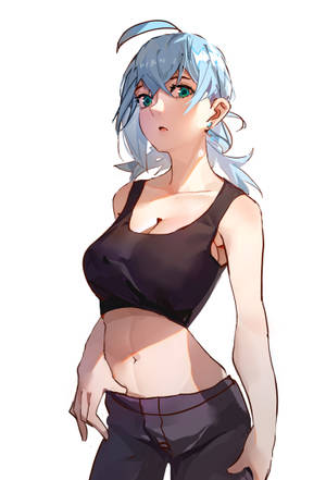 藍髮綠眼動漫女孩，黑色露臍上衣和牛仔褲。 — 薇薇 壁紙