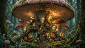 奇幻小精靈屋在巨大發光蘑菇下面，魔法森林 — 奇幻島 壁紙